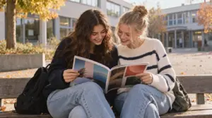 Zwei Jugendliche teilen sich auf einer Schulbank eine Zeitschrift