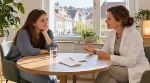 Jugendliche im Beratungsgespräch mit einer Ärztin an einem kleinen Tisch