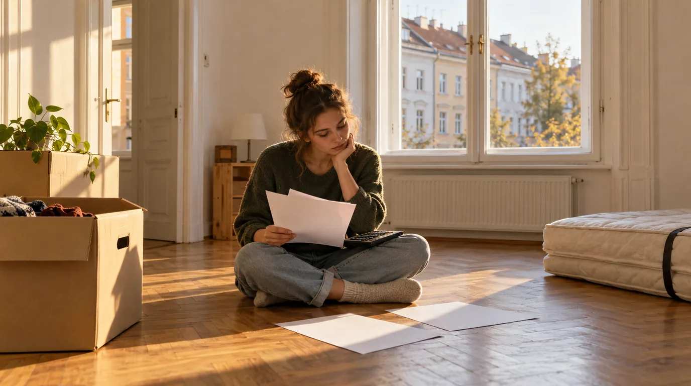 Junge Frau sitzt in einer leeren Altbauwohnung zwischen Umzugskartons und rechnet ihre Miete durch
